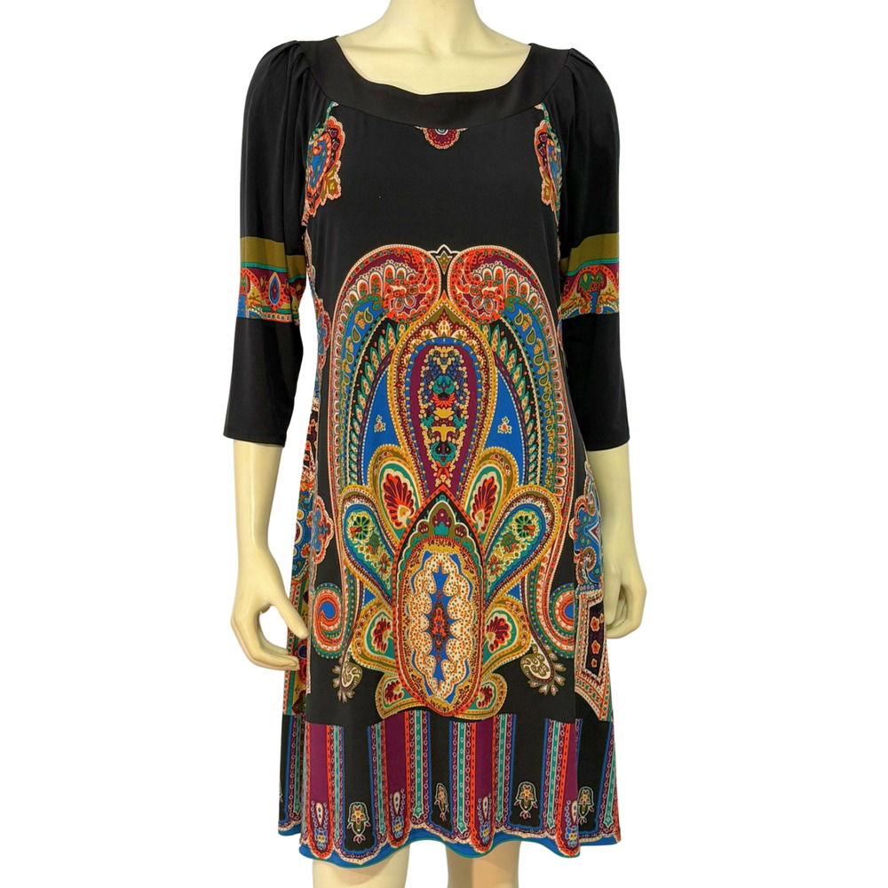 Tiana B Sz M Jersey Knit Dress 3/4 Sleeve Black Multi Paisley Pullover Stretch